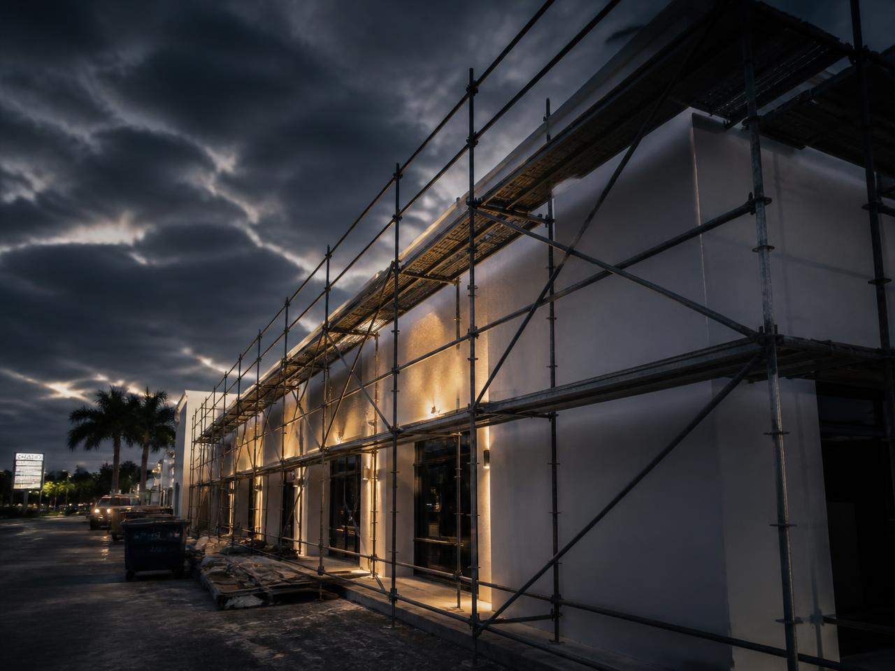Commercial building facade under renovation with scaffolding at dusk