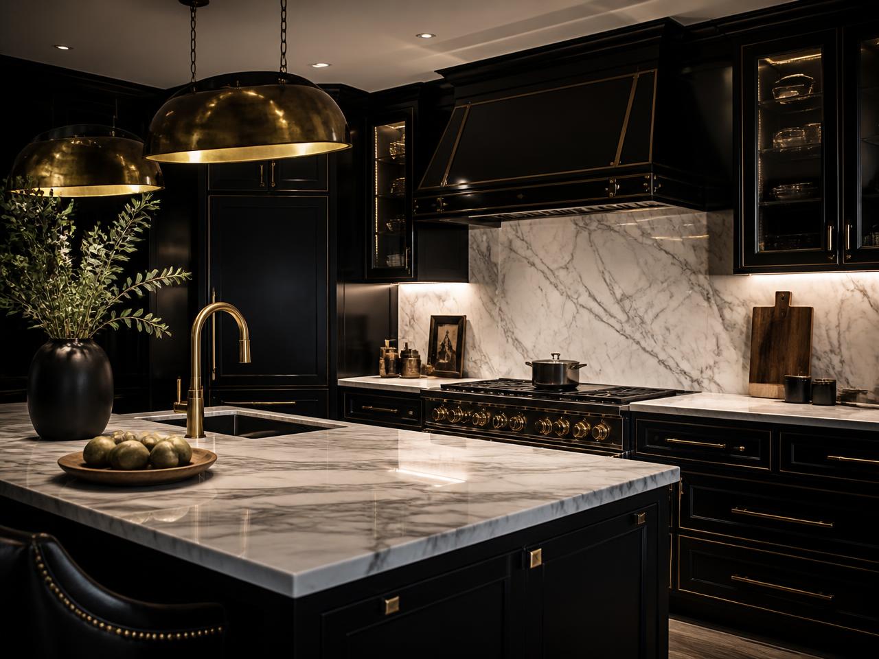 Luxury kitchen with matte black cabinetry, marble counters and brass fixtures