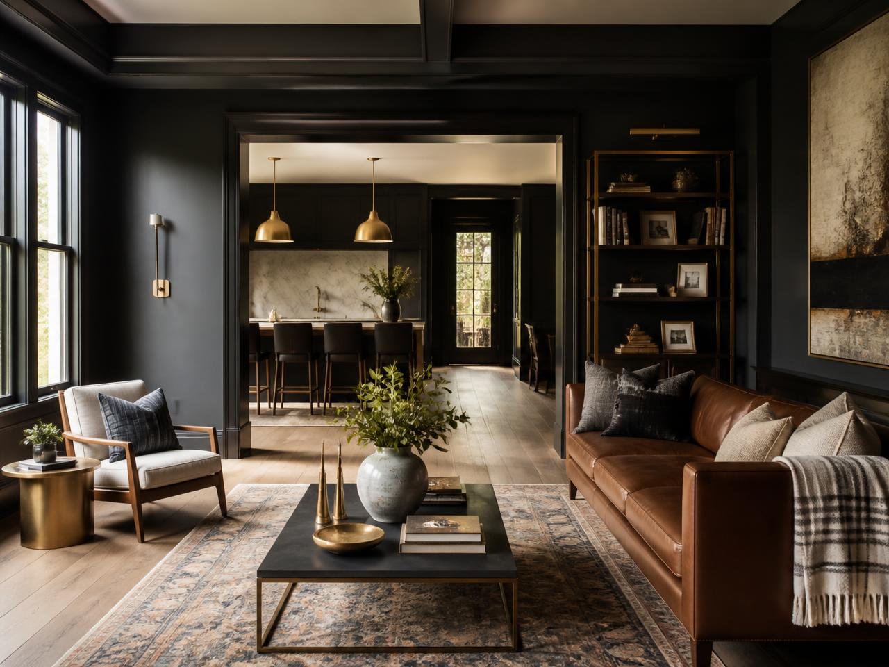 Renovated open-plan living room with dark walls, warm wood floors and brass details