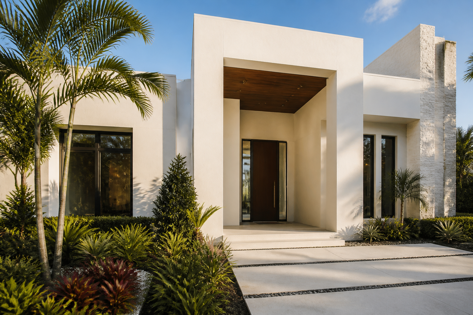 Modern South Florida residence with smooth ivory stucco walls, a recessed wood-ceiling entry portico, and palm planting in bright daylight